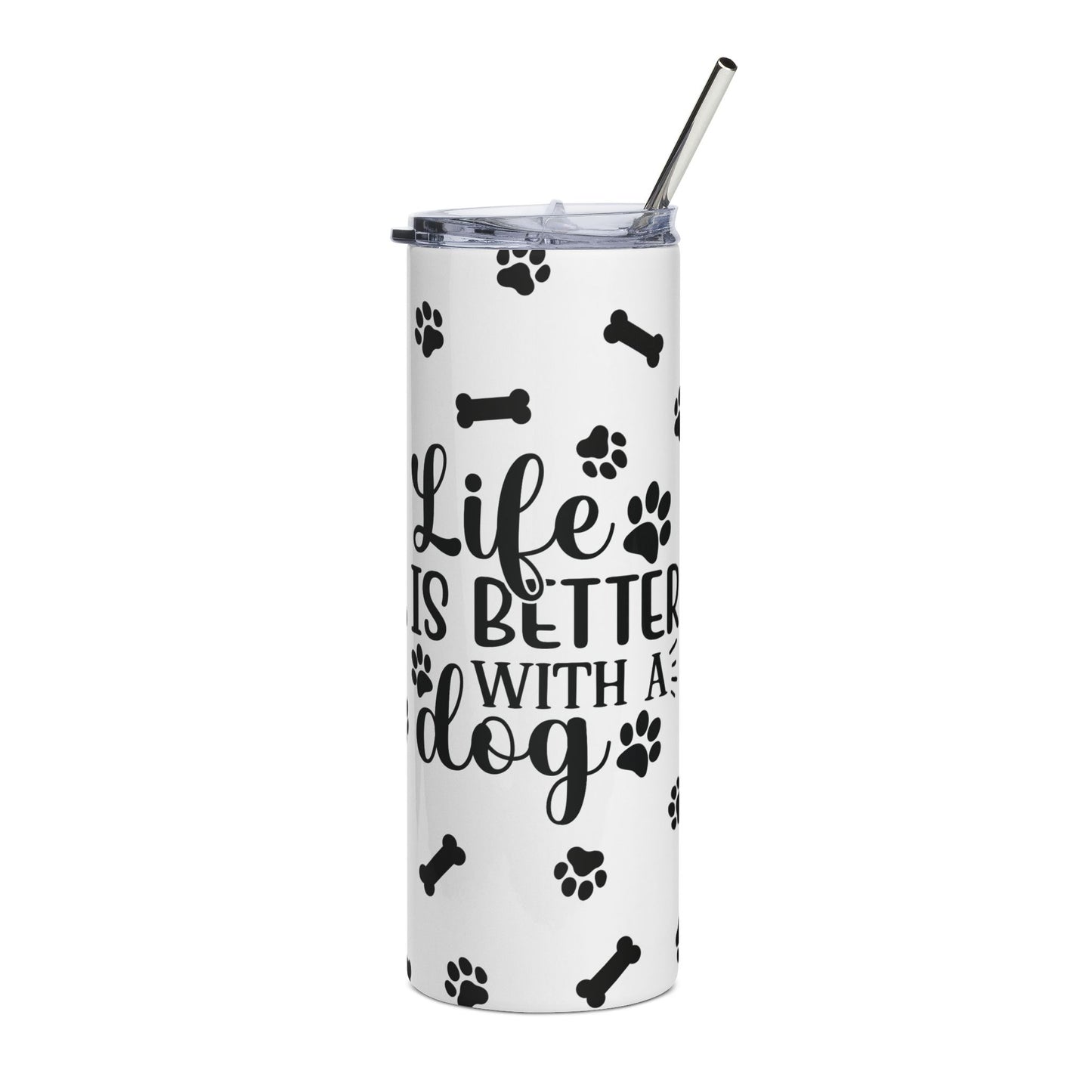 Dog Lover 20oz Stainless Tumbler — "Life Is Better With A Dog" Paw Print Travel Cup