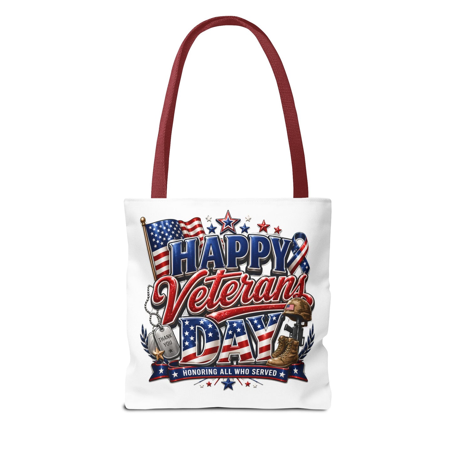 Veterans Day Tote Bag — "Happy Veterans Day" Patriotic All-Over Print