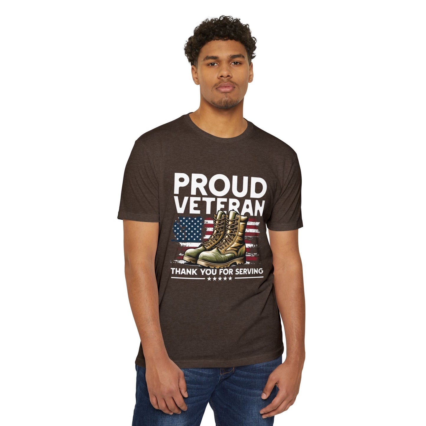 Proud Veteran T-Shirt — "Proud Veteran" with Military Boots & American Flag — Thank You for Serving