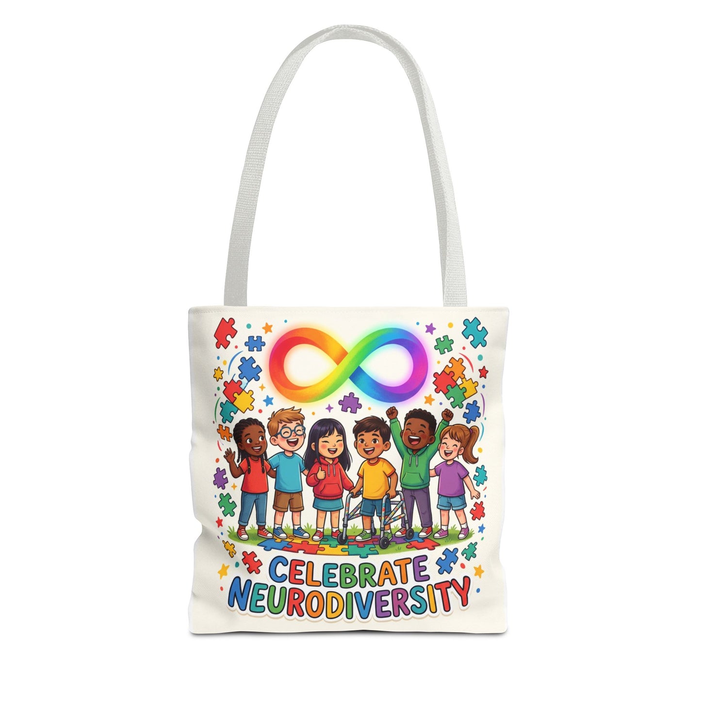 Celebrate Neurodiversity Tote Bag — Rainbow Infinity Symbol & Kids Design