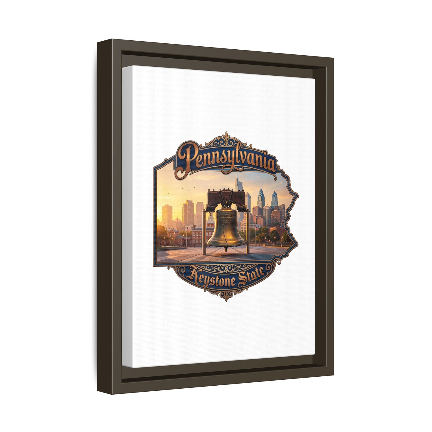 Pennsylvania Keystone State Framed Canvas Wall Art — Liberty Bell & Philadelphia Skyline