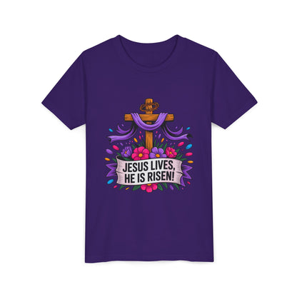 Youth Tee — "Jesus Lives, He Is Risen!" Easter Christian Tee