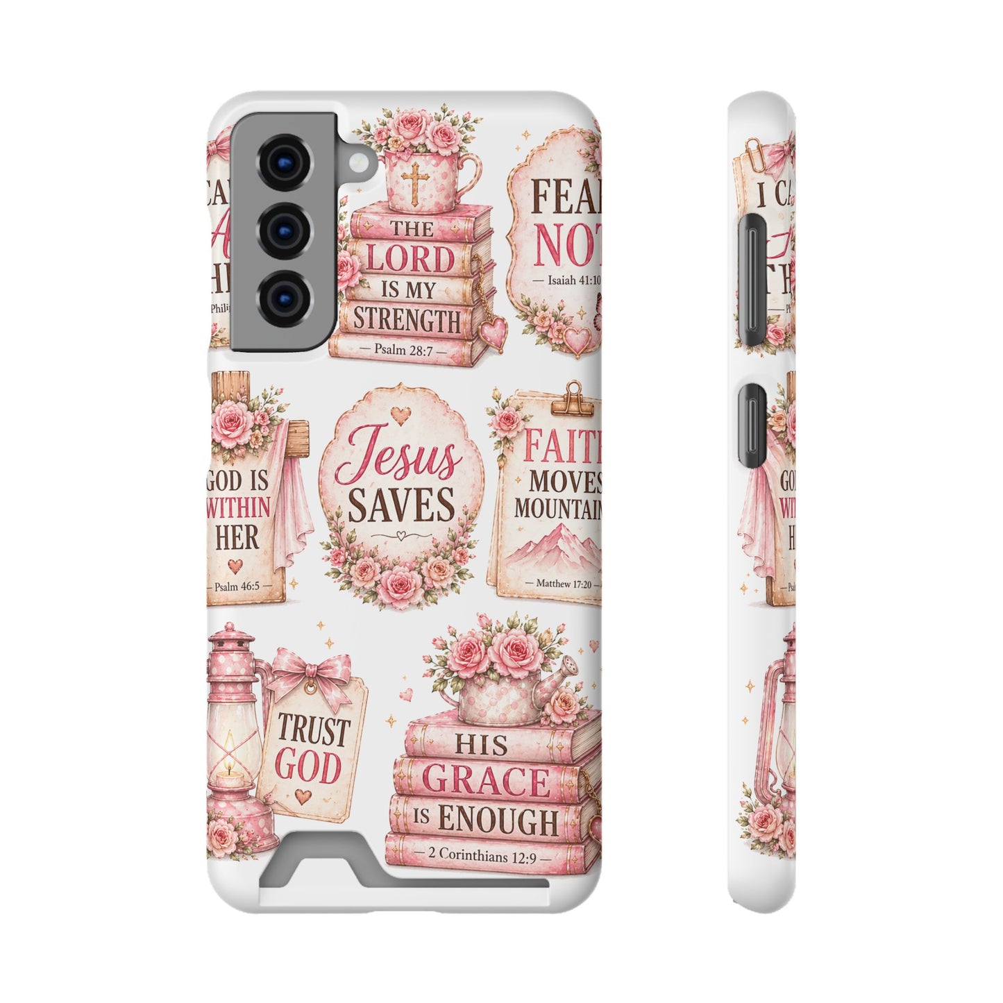Christian Phone Case with Card Holder — 'Jesus Saves' Floral Scripture Design