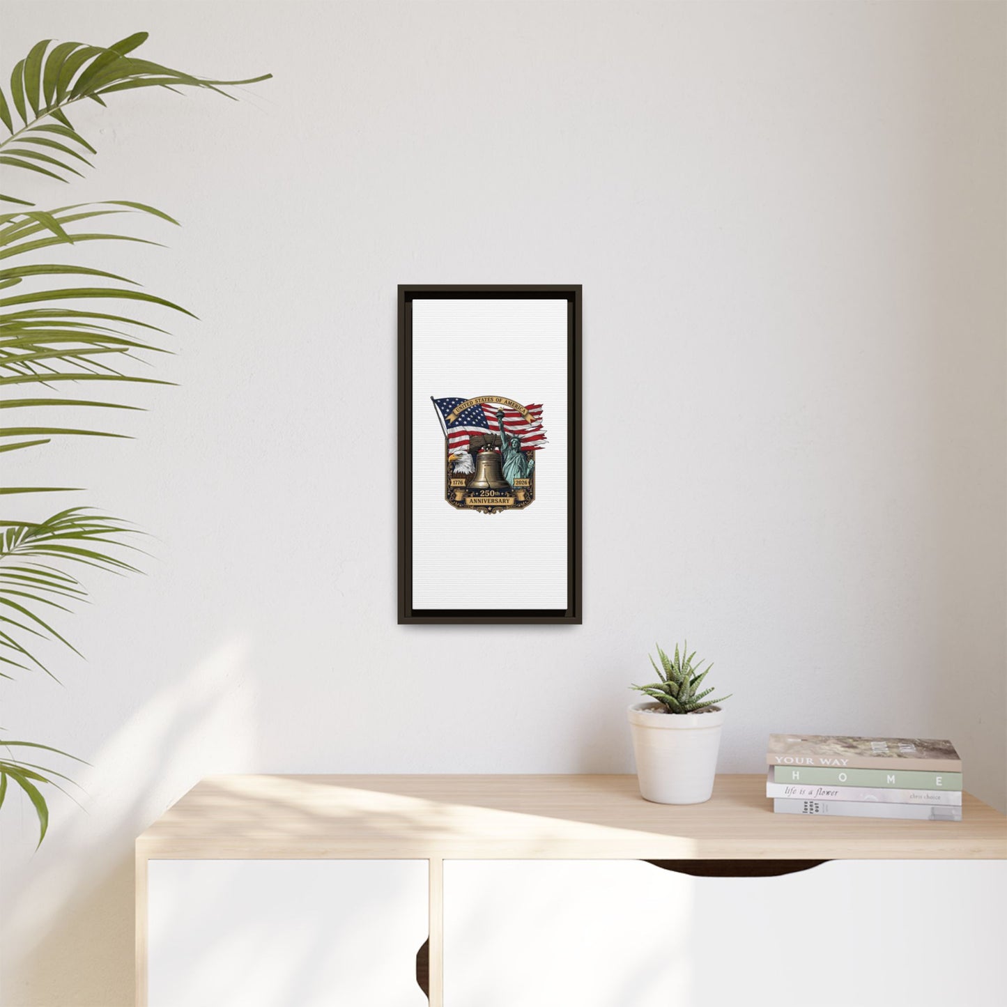 Liberty 250th Anniversary Framed Canvas Print — American Flag, Statue of Liberty & Liberty Bell Art