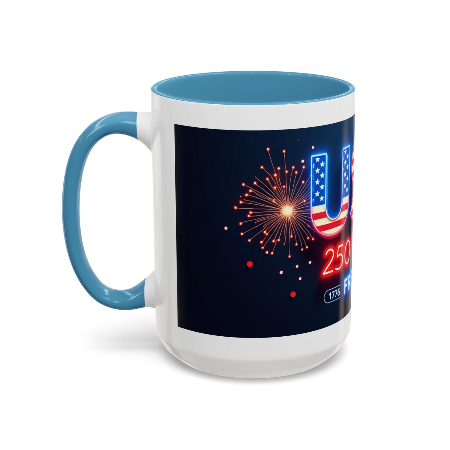 USA 250 Years of Freedom Accent Coffee Mug — Patriotic 1776–2026 Fireworks Design (11/15oz)