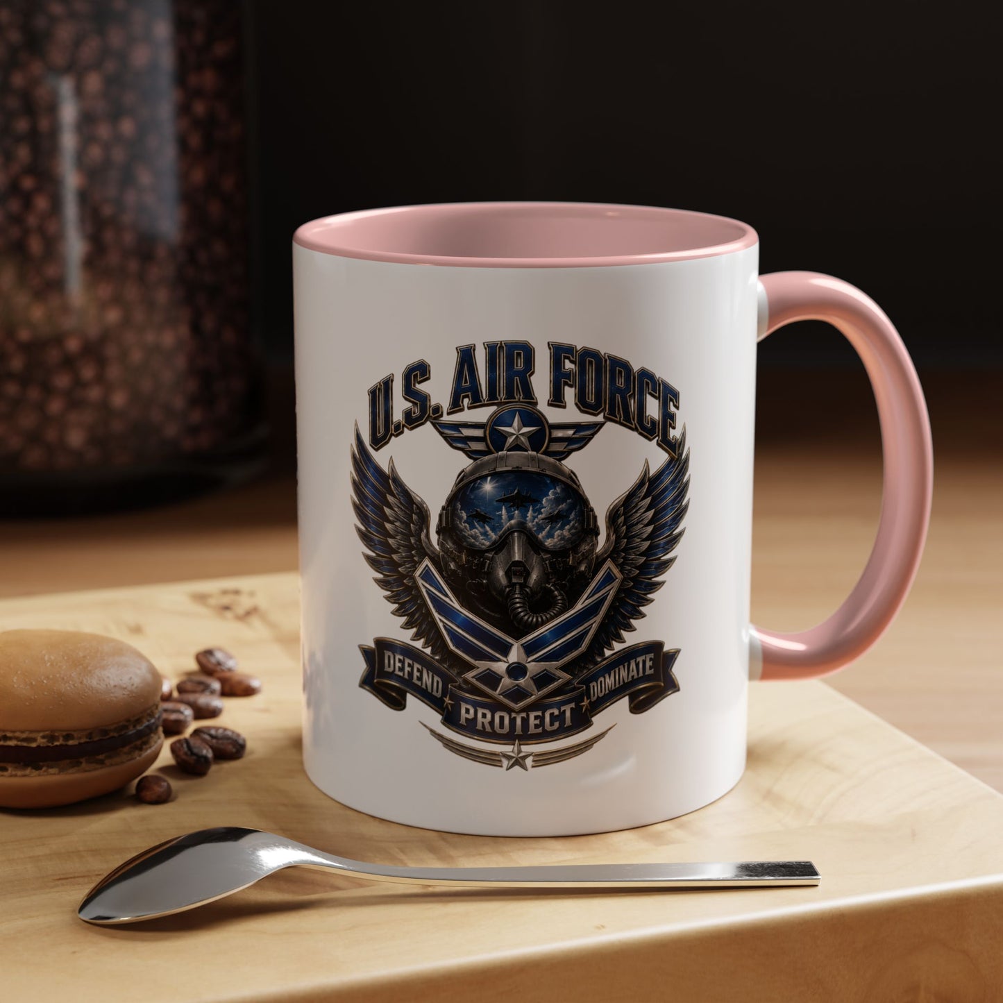 U.S. Air Force Emblem Accent Coffee Mug — Defend Protect Dominate (11/15oz)