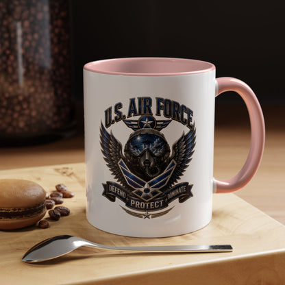 U.S. Air Force Emblem Accent Coffee Mug — Defend Protect Dominate (11/15oz)