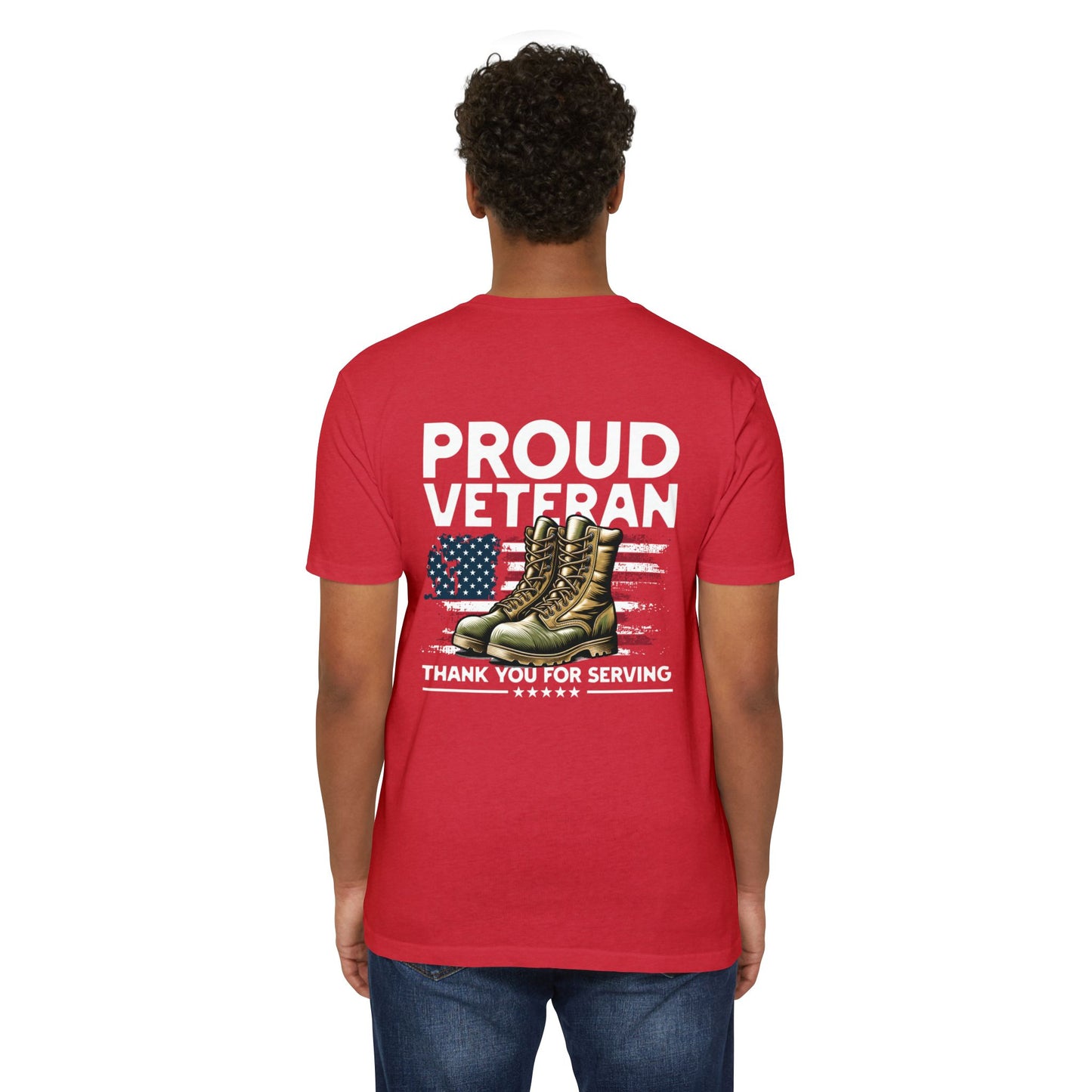 Proud Veteran T-Shirt — "Proud Veteran" with Military Boots & American Flag — Thank You for Serving