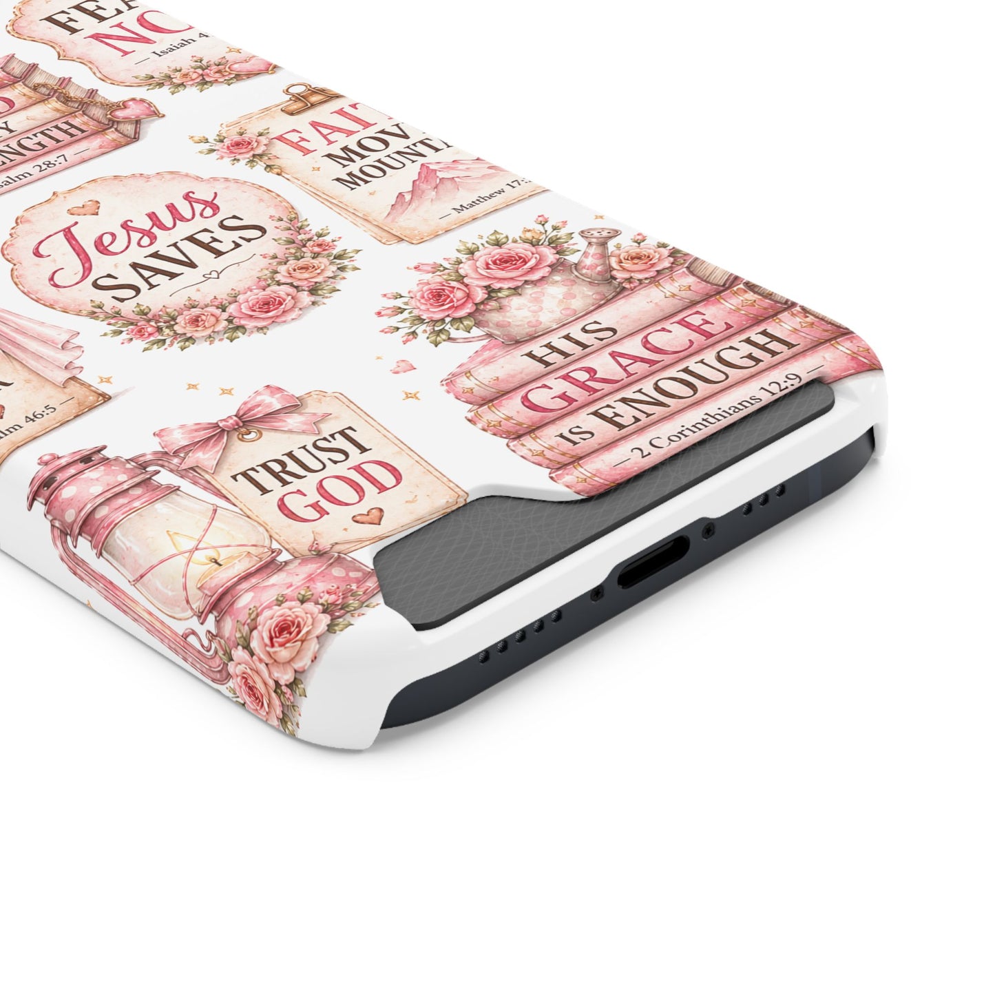 Christian Phone Case with Card Holder — 'Jesus Saves' Floral Scripture Design