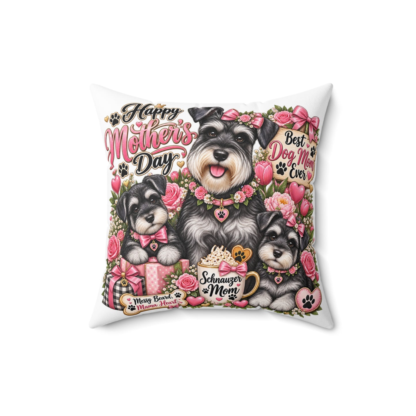 Mother’s Day Schnauzer Pillow — "Happy Mother’s Day" Dog Mom Decorative Throw Pillow