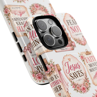 Christian Faith iPhone Tough Magnetic Case — 'Jesus Saves' Floral Scripture Design (Fear Not, Faith Moves Mountains)
