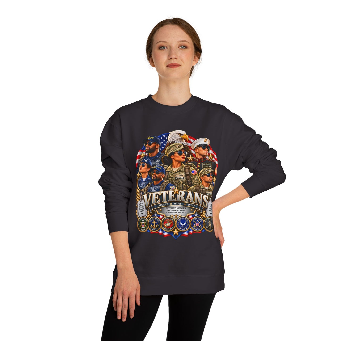Veterans Tribute Sweatshirt — Patriotic Military Emblems & Eagle Crewneck