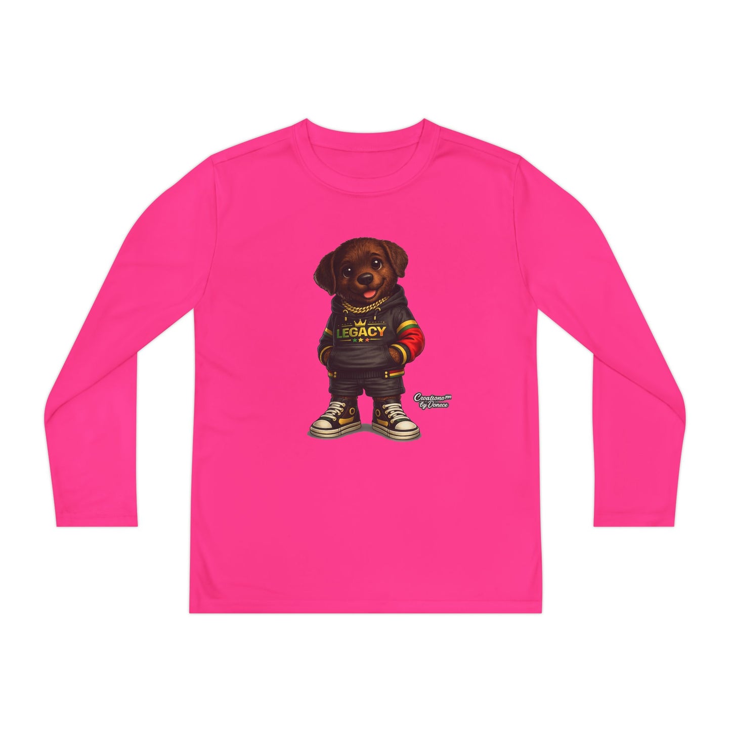 Kids Long Sleeve Tee — Brown Puppy Wearing 'Legacy' Hoodie Graphic