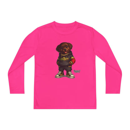 Kids Long Sleeve Tee — Brown Puppy Wearing 'Legacy' Hoodie Graphic