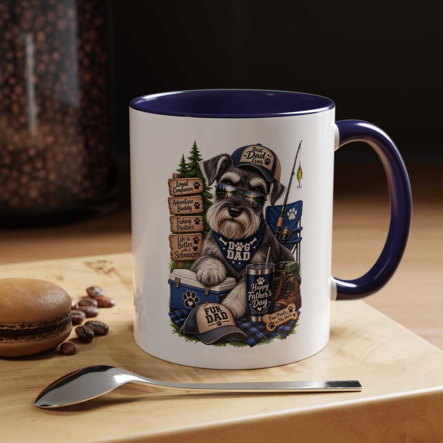 Schnauzer Dad Accent Coffee Mug – "Dog Dad" Camping Paw Print Design (11/15oz)