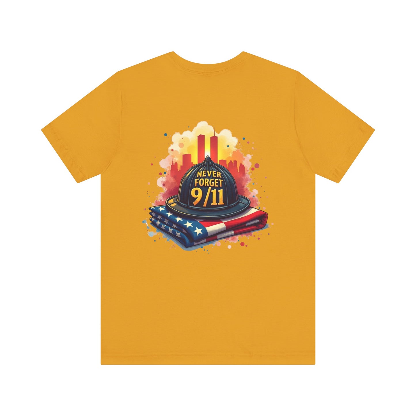Never Forget 9/11 Memorial T-Shirt — Firefighter Helmet & Flag Tribute Tee