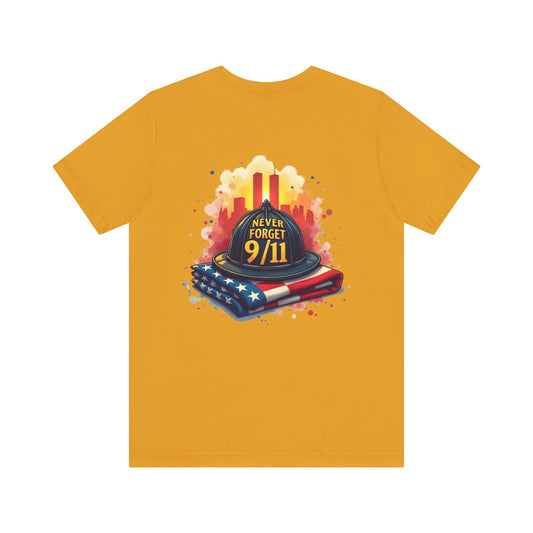 Never Forget 9/11 Memorial T-Shirt — Firefighter Helmet & Flag Tribute Tee