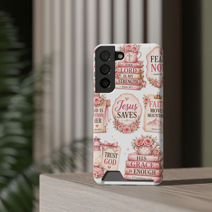 Christian Phone Case with Card Holder — 'Jesus Saves' Floral Scripture Design