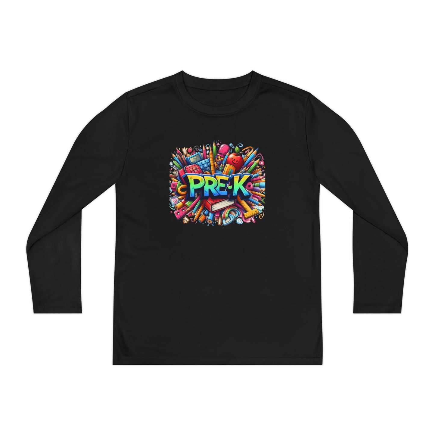 PRE-K Youth Long Sleeve Tee — Colorful School Supplies Design
