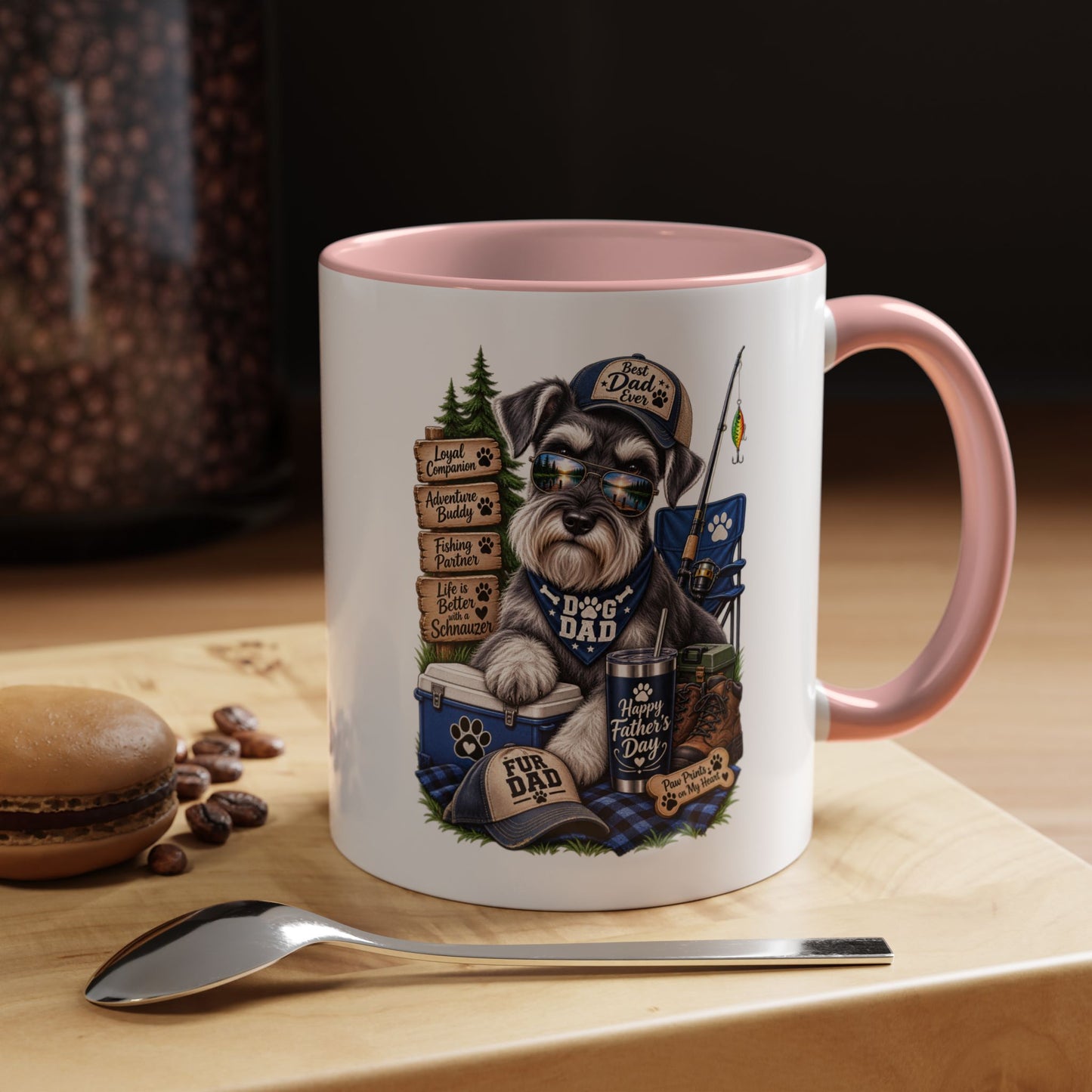 Schnauzer Dad Accent Coffee Mug – "Dog Dad" Camping Paw Print Design (11/15oz)