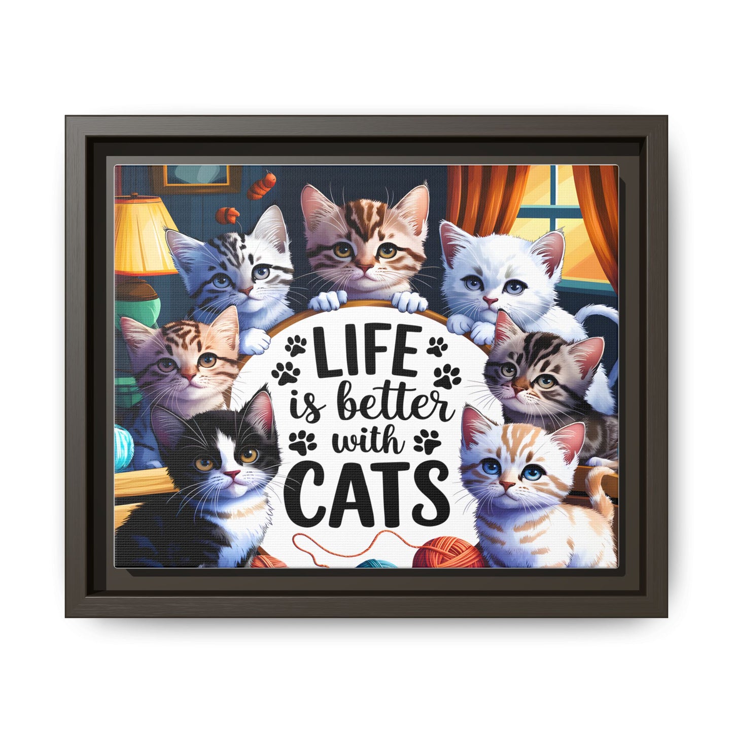 Framed Cat Canvas Wall Art — "Life Is Better With Cats" Matte Print