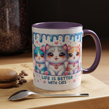 Life Is Better With Cats Accent Coffee Mug — Cute Pastel Kawaii Cat Trio (11/15oz)