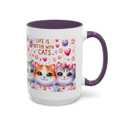 Cat Lover Accent Coffee Mug — "Life Is Better With Cats" Cute Kittens Design (11/15oz)
