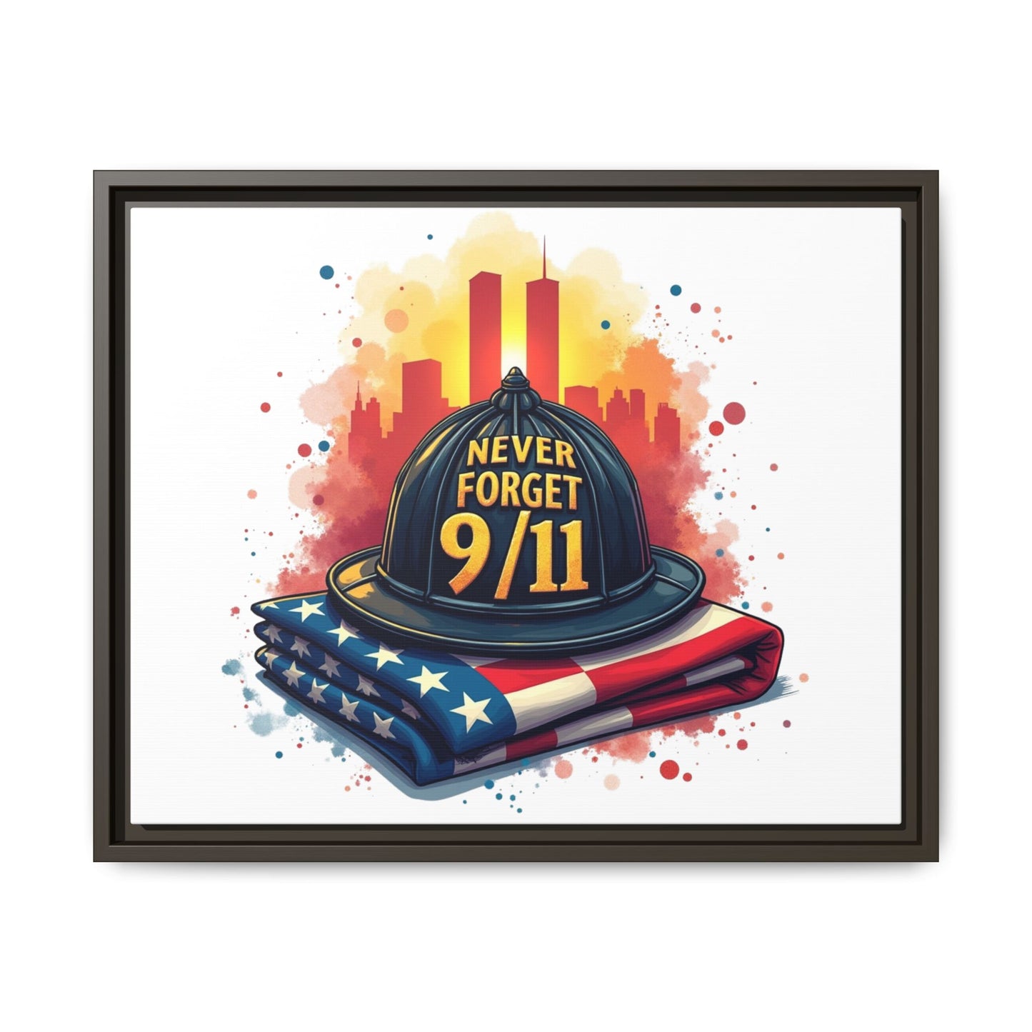 Never Forget 9/11 Framed Canvas Print — Firefighter Helmet & American Flag Memorial Art