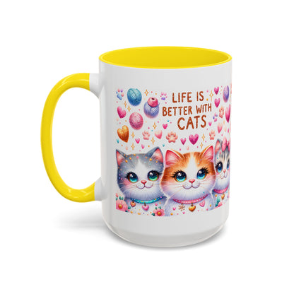 Cat Lover Accent Coffee Mug — "Life Is Better With Cats" Cute Kittens Design (11/15oz)
