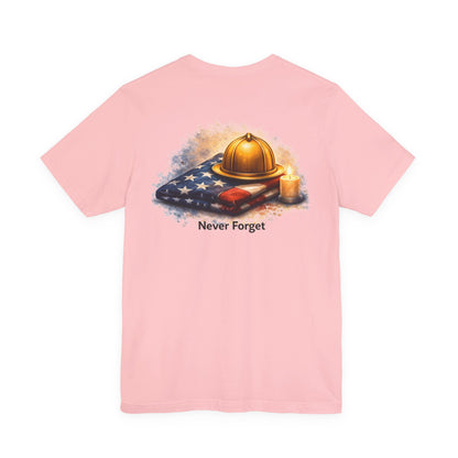 Never Forget Memorial T‑Shirt — Firefighter Helmet & Flag Tribute