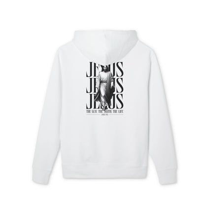 Jesus Portrait Hoodie — "Jesus" Typography Christian Pullover (The Way The Truth The Life)
