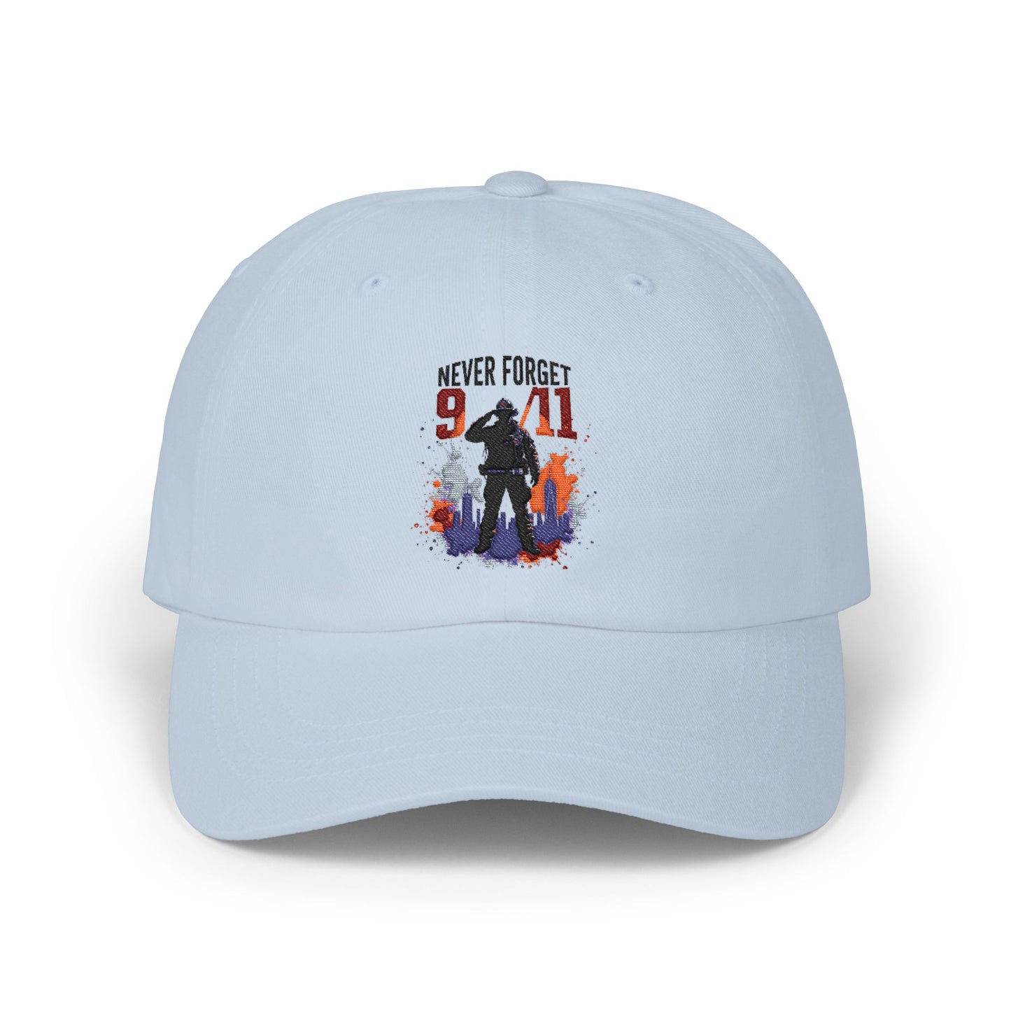 Never Forget 9/11 Dad Cap — Memorial Firefighter Silhouette Baseball Hat
