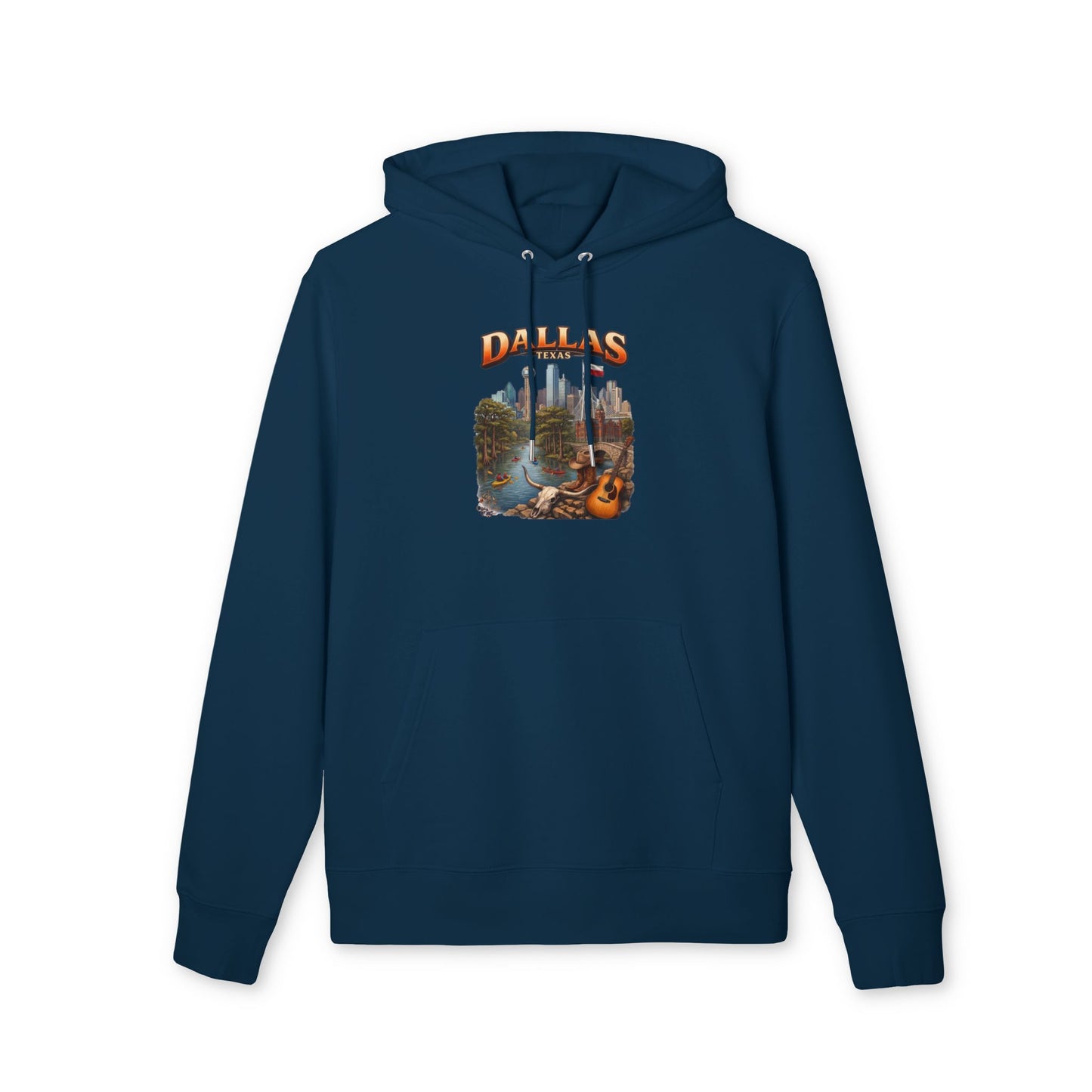 Dallas Cityscape Hoodie — Retro Skyline, River & Guitar Graphic