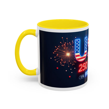 USA 250 Years of Freedom Accent Coffee Mug — Patriotic 1776–2026 Fireworks Design (11/15oz)