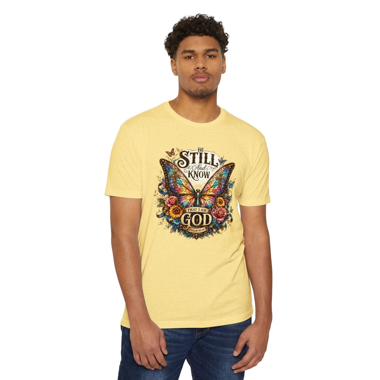 Christian Butterfly T-Shirt — "Be Still and Know That I Am God" Inspirational Tee