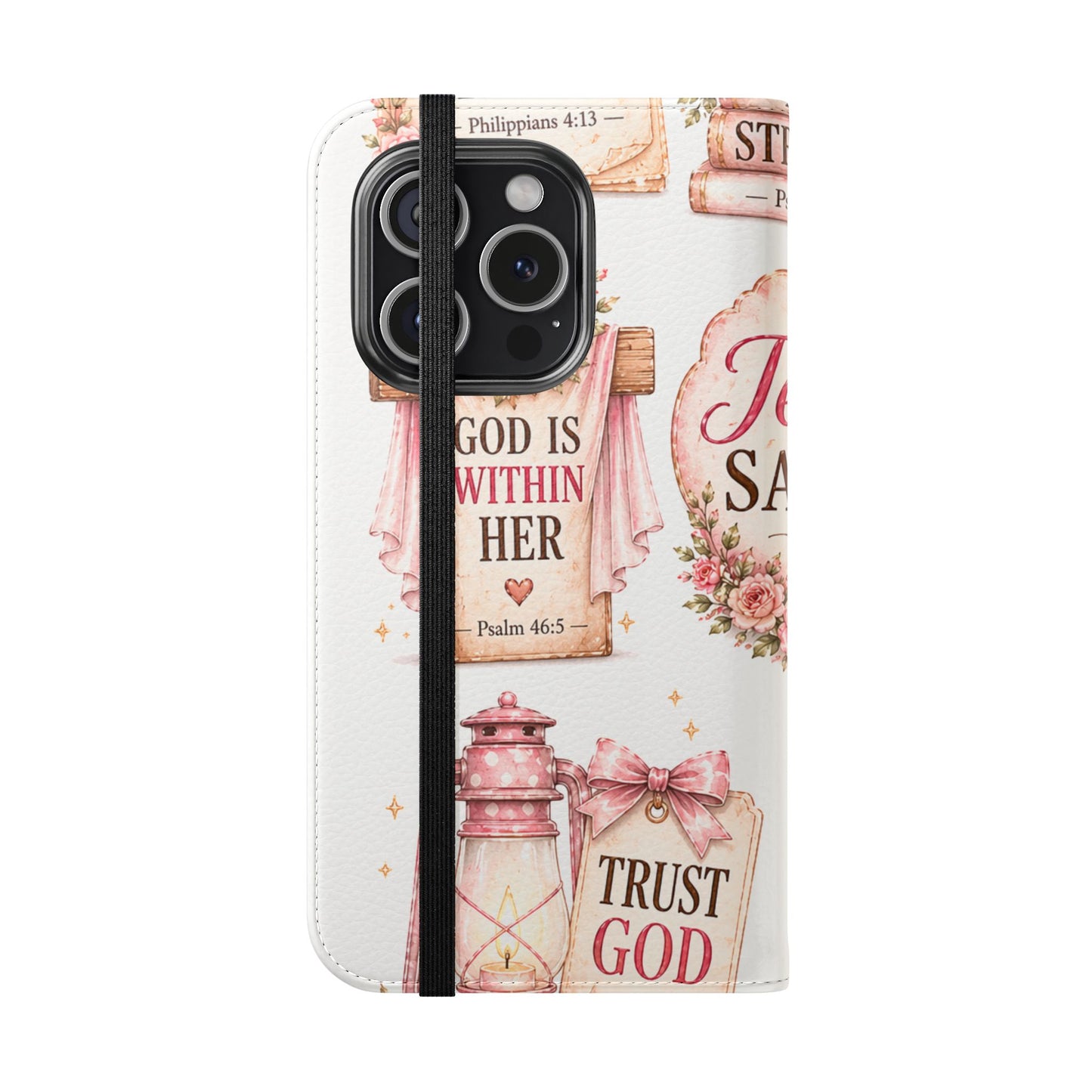 Christian Floral Phone Flip Case — "Jesus Saves" & Inspirational Scripture Wallet Cover