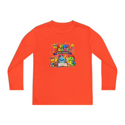First Grade Ready Youth Long Sleeve Tee — "First Grade Here I Come" Back-to-School Shirt