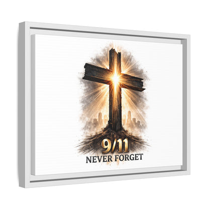 9/11 Never Forget Framed Canvas Wall Art — Memorial Cross Tribute