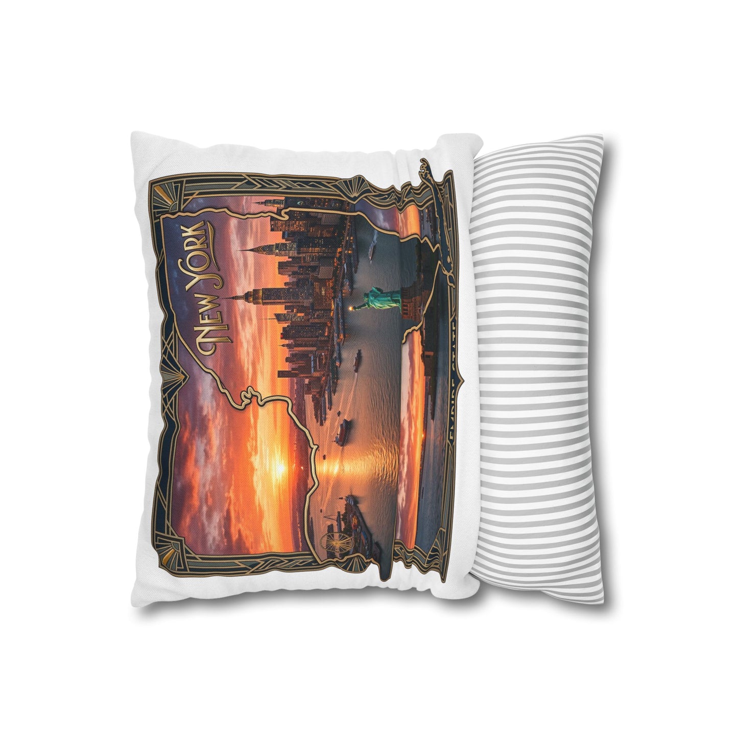 New York Skyline Sunset Decorative Pillowcase — Empire State & Statue of Liberty Throw Pillow Cover
