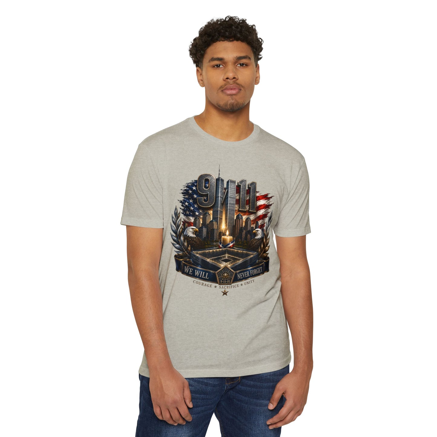 9/11 Never Forget Memorial T-Shirt — Tribute American Flag Skyline Tee