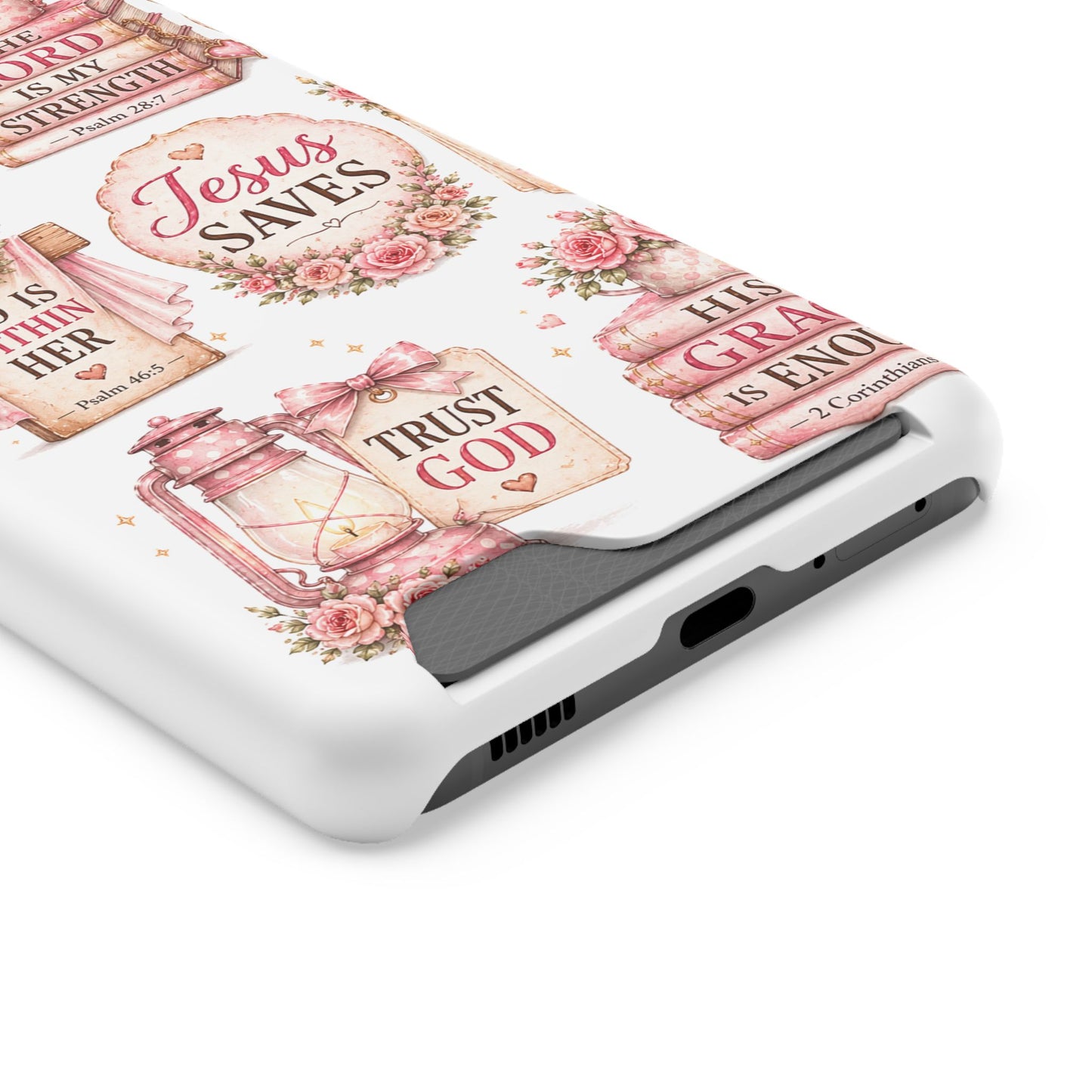 Christian Floral Phone Case with Card Holder — 'Jesus Saves' Inspirational Design
