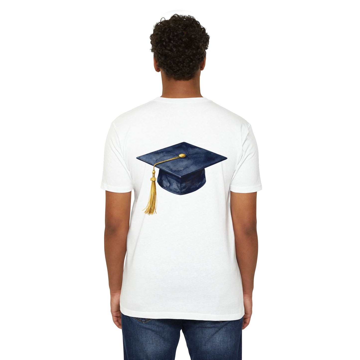 Graduation Cap T-Shirt — Navy Mortarboard with Gold Tassel