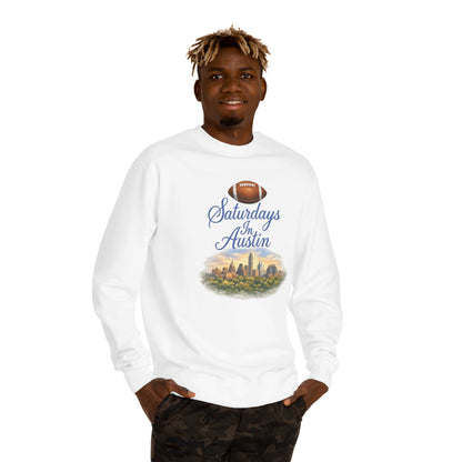 Saturdays in Austin Crewneck Sweatshirt — Floral Football City Skyline Design