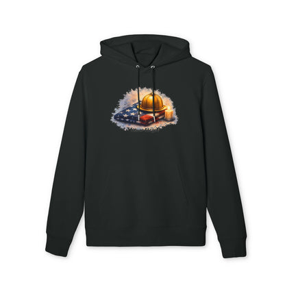 9/11 Never Forget Hoodie — Firefighter Helmet & Flag Tribute
