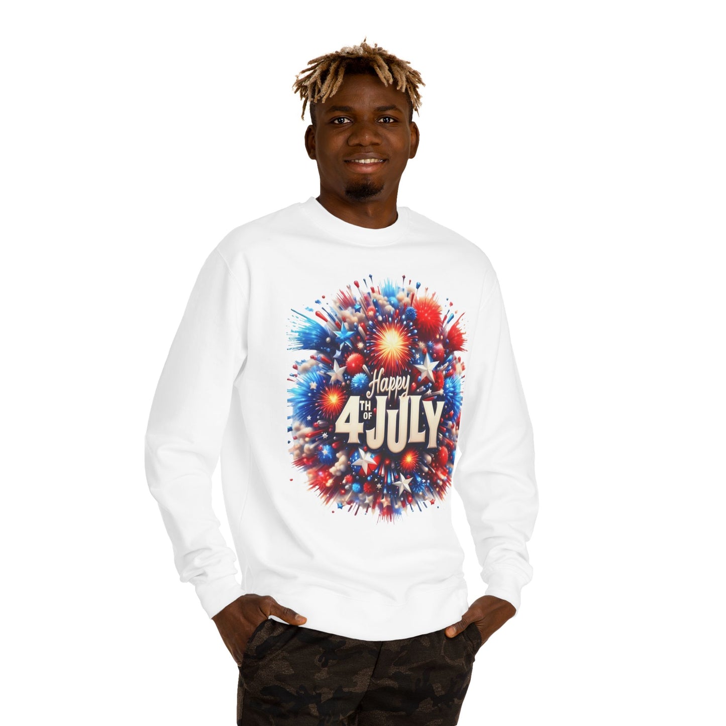 4th of July Fireworks Sweatshirt — "Happy 4th of July" Patriotic Crewneck