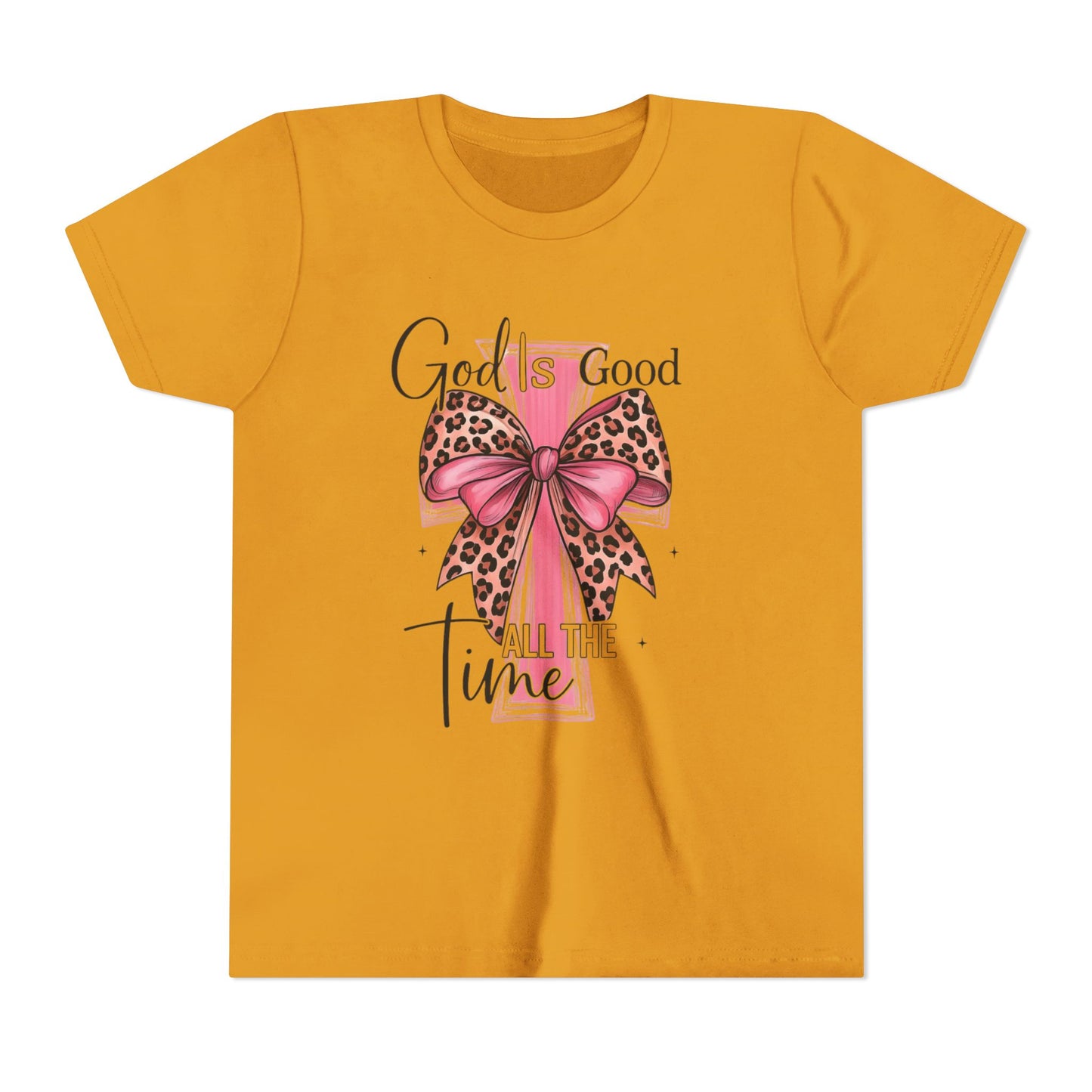 Youth Tee — "God is Good All the Time" Pink Cross with Leopard Bow