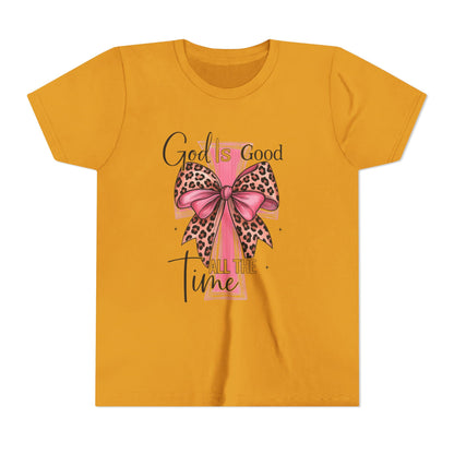 Youth Tee — "God is Good All the Time" Pink Cross with Leopard Bow