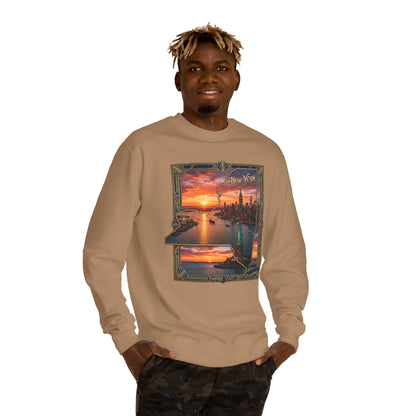 New York Sunset Crewneck Sweatshirt — Statue of Liberty Skyline Graphic