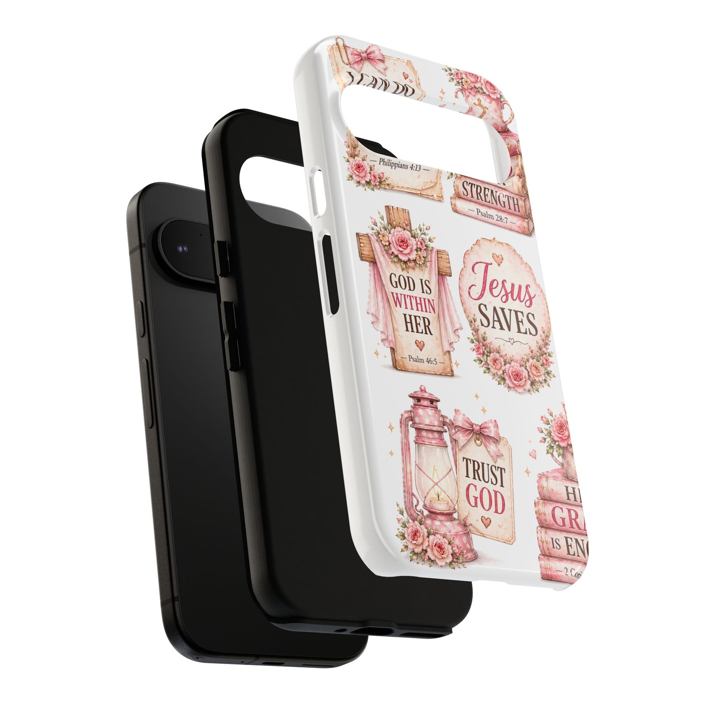 Christian Phone Case — Jesus Saves Floral Tough Case with 'God Is Within Her' & 'Trust God' Design