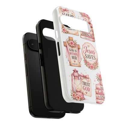 Christian Phone Case — Jesus Saves Floral Tough Case with 'God Is Within Her' & 'Trust God' Design
